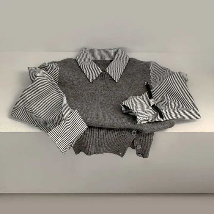 [단독/일체형!/✨주문폭주✨]올인원 쓰리버튼 레이어드 일체형 스트라이프 셔츠+니트조끼 상세 이미지 24