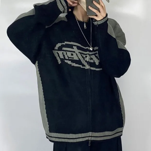 [~3XL] 빈티지 힙무드 박시니트집업💝 배색 나그랑 스트릿/투웨이 남녀공용 커플 빅사이즈 [4070] 상세 이미지 16