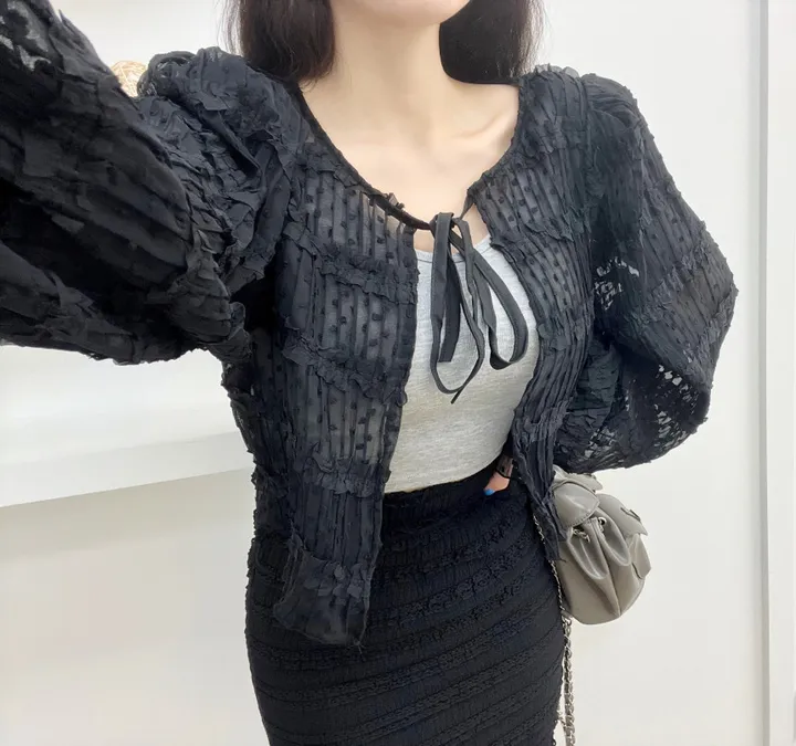 🩵공쥬핏+어깨패드O🩵쉬폰 퍼프 땡땡이 볼레로 가디건 (3COLOR) 시스루 프릴가디건 휴양지룩 여행룩 볼레로블라우스 상세 이미지 5