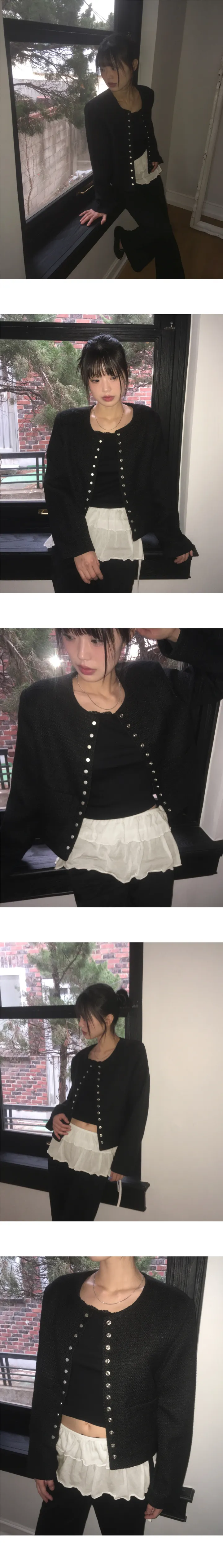 [봄.간절기🌸/포멀.캐주얼🖤/MADE] 라메 스냅 버튼 노카라 하객룩 트위드 자켓 상세 이미지 9