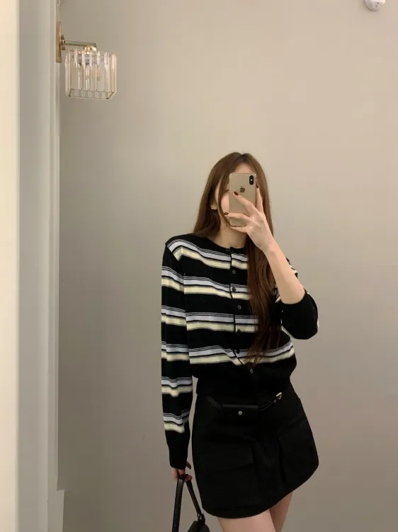 *캐시미어*오리온 비비드 배색 스트라이프 단가라 나트 캐주얼 데일리 가디건 3color 상세 이미지 2