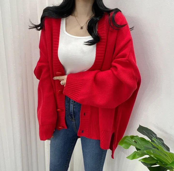 🚀당일발송-레드/블랙🚀[고퀄/데일리룩] 봄🌸 가을 디얼 터크 언발 오버핏 니트 가디건 상세 이미지 29