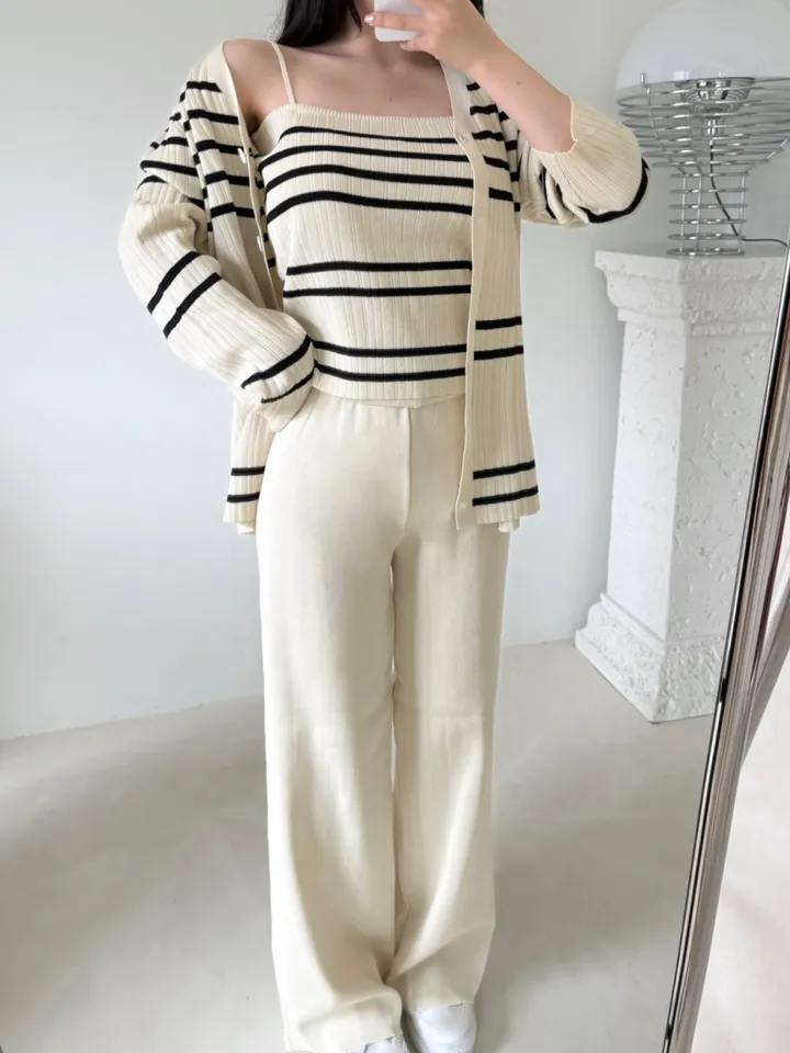 [3pcs]솔라 골지 단가라 스트라이프 쓰리피스 set (나시 가디건 밴딩 와이드 롱 팬츠 세트 데일리 꾸안꾸 코디 투피스 트레이닝 니트) 상세 이미지 3