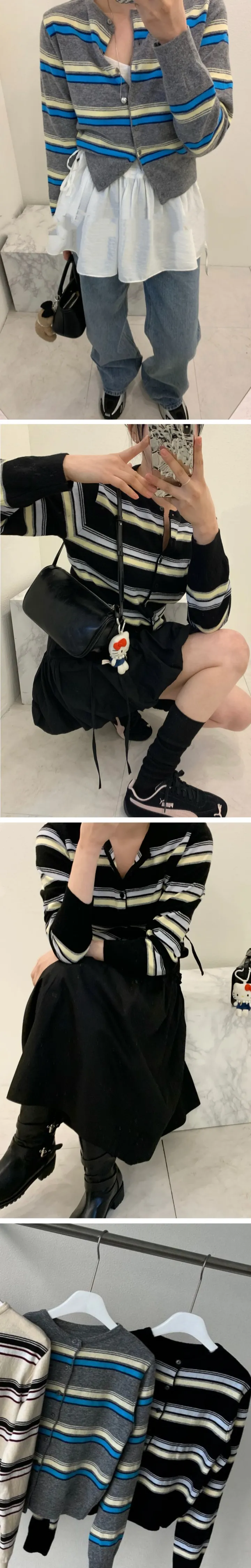 데일리룩❣배색 단가라 스트라이프 줄무늬 가디건 상세 이미지 2