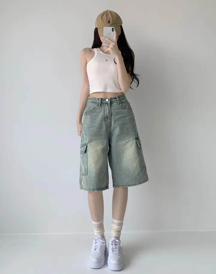 후기극찬![핏보장❤︎/힙무드/~XL] 이브닝 빈티지 힙 워싱 하이웨스트 와이드 카고 하프 버뮤다 5부 청 반바지 데님 팬츠 빅사이즈 상세 이미지 19