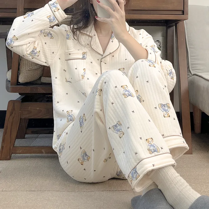 [New레이스 누빔] 귀여워 베이비 곰돌이 누빔 베이지 아이보리 테디베어 포켓 셔츠 겨울 긴팔 파자마 잠옷 세트 #B.Night #3049 상세 이미지 7