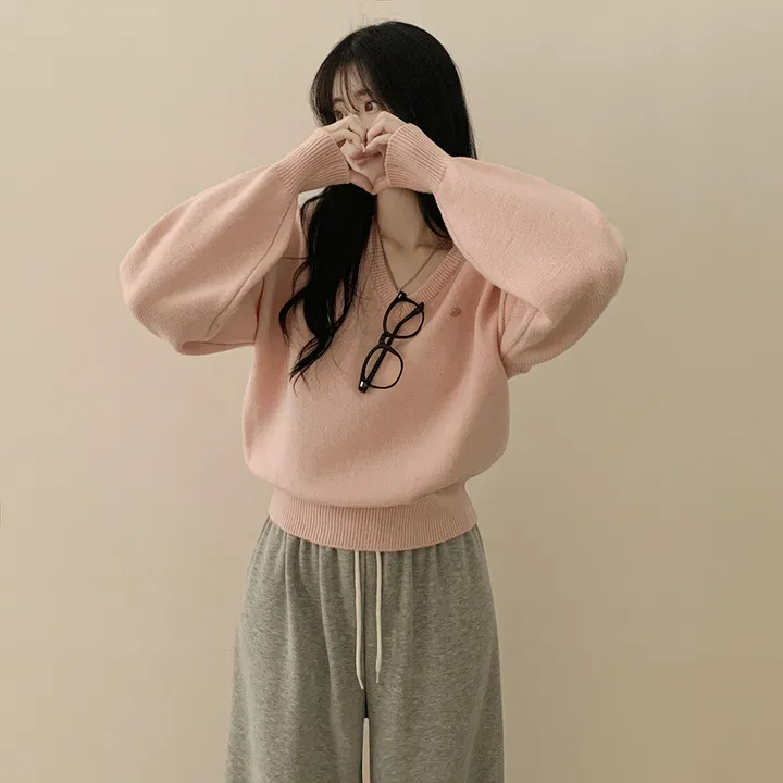 [파스텔색감💭/도톰폭닥~] 와펜포인트 아방핏 브이넥 루즈핏 허리잘록 긴팔니트 상세 이미지 22