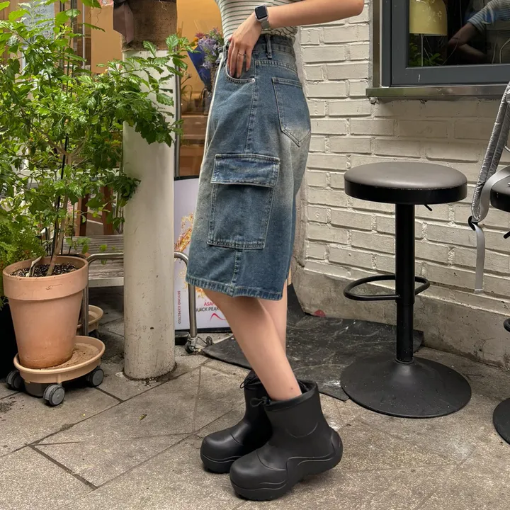 [버뮤다입문👖S~XL] *허리조절* 빈티지 워싱 카고 데님 버뮤다 반바지 5부 숏 팬츠 봄 간절기 청바지 썸머 하프 바지 스트랩 y2k 하이웨스트 하체커버4type 상세 이미지 12