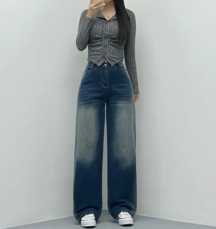 전체당일🚀[리뷰보장/인생바지/뒷밴딩!] 원버튼 사이드 워싱 데님 와이드팬츠 하이웨스트 데님팬츠 청바지 (3Col) 상세 이미지 21
