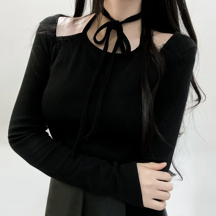 봄신상🌺 [모델강추/3color] 홀터넥 리본 스트랩 어깨 트임 티셔츠 상세 이미지 4