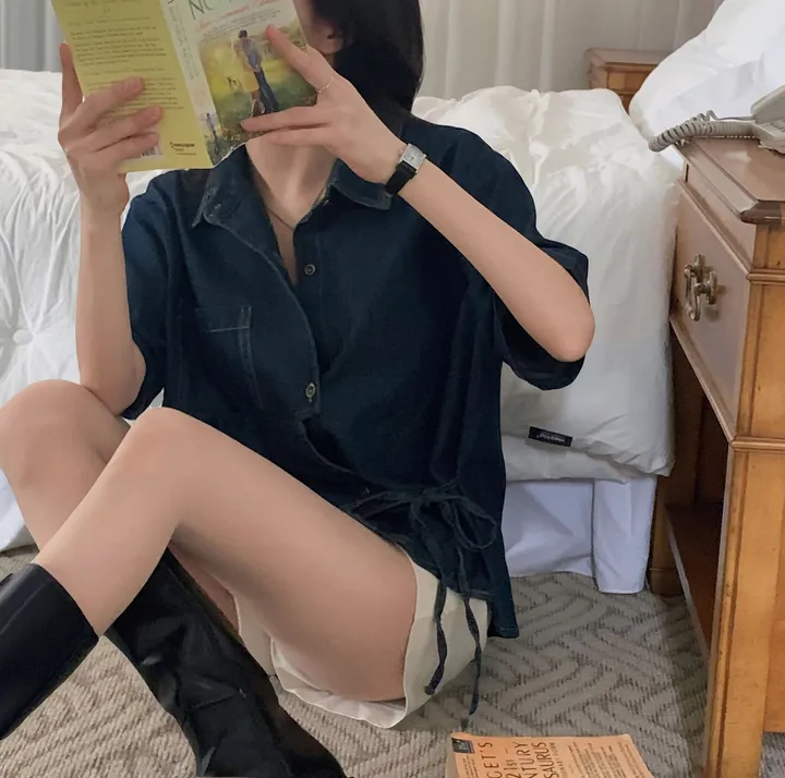 [단독판매🤍/리본포인트!] 데님 사이드 리본 포인트, 루즈핏 카라셔츠 남방 - 2color 상세 이미지 22