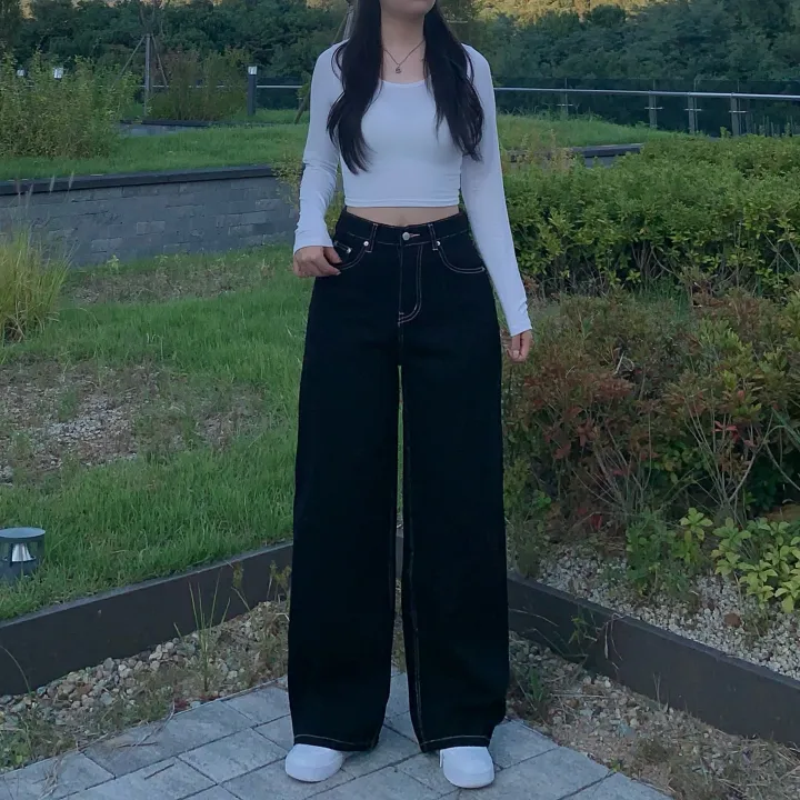 Made![리본포인트🎀/깔끔핏] 핑크 스티치 리본 자수 하이웨스트 와이드팬츠 스트레이트핏 데님 롱팬츠 자체제작 상세 이미지 6