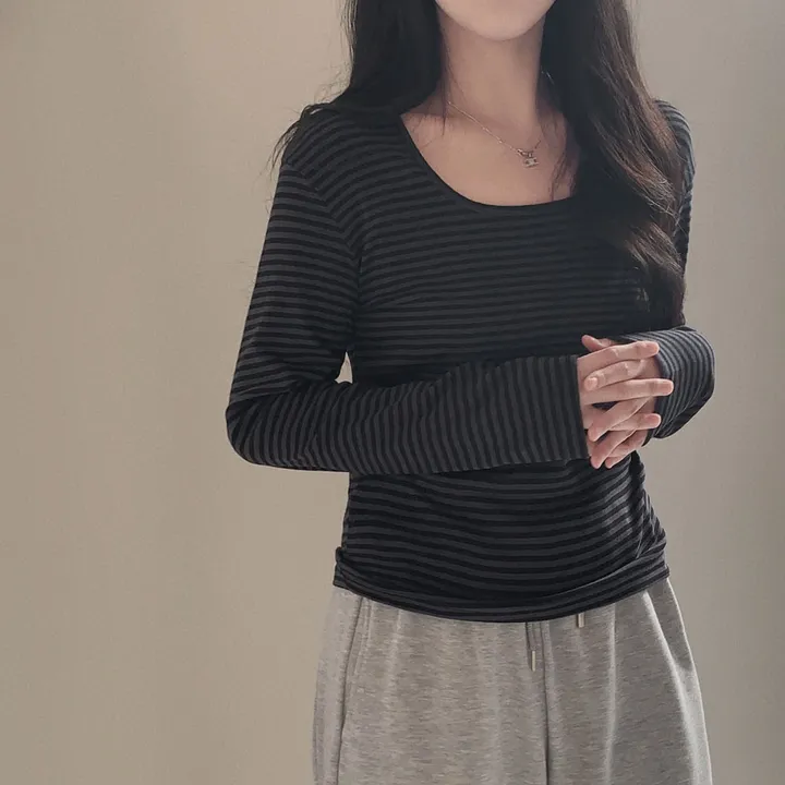 [팔말라핏🤍/단가라ver]팔뚝살 부각없는 3탄! 뉴페이스 단가라 스트라이프 스퀘어넥 루즈핏 긴팔티셔츠 상세 이미지 30