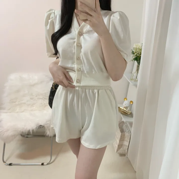 [세트가격/러블리*.*] 하트 퍼프 반팔 루즈핏 크롭 가디건 + 밴딩 와이드 숏 반바지 투피스 세트 3color 상세 이미지 14