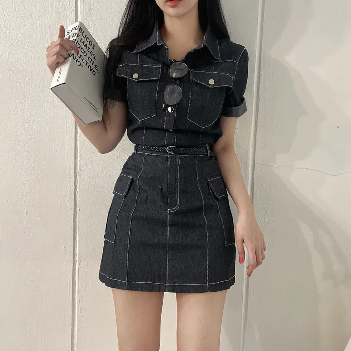 [남방+스커트 SET] 스킬 데님 반팔 남방 셔츠 + 데님 카고 스커트 투피스 세트 (단품or세트구매/2color) 상세 이미지 8