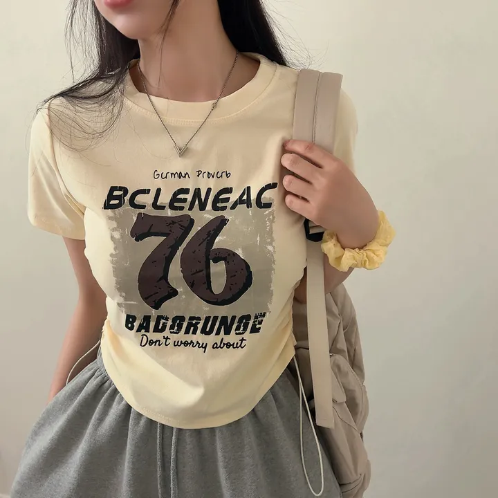 76プリントラウンドサイドシャーリングストリング半袖Tシャツ