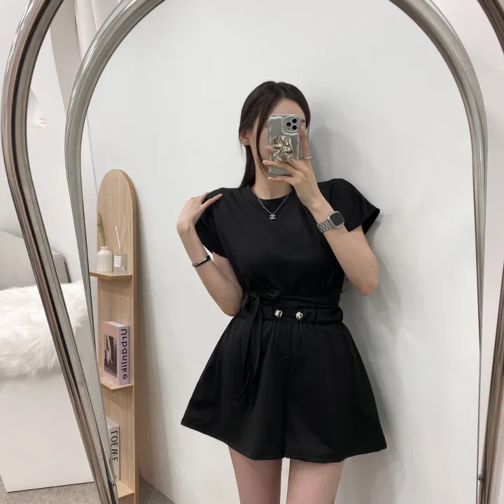 [set!]리본 뒷트임 롤업 캡소매 반팔티+플레어 숏팬츠 반바지 투피스 트레이닝 세트 2color 상세 이미지 10