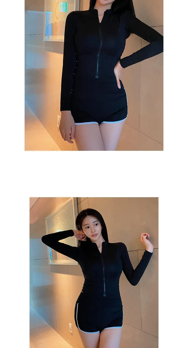 [주문폭주] 플레인 실내 비치웨어 스윔웨어 집업 긴팔 래쉬가드 수영복(아이보리/블랙) 상세 이미지 16