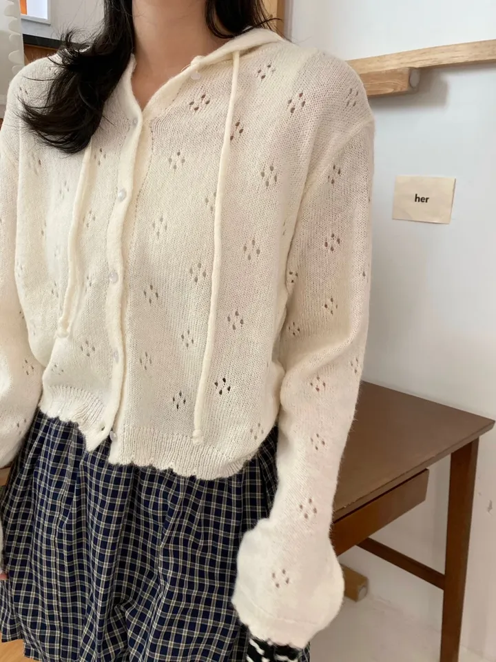 [💖뽀송/주문폭주]버터 플라워 펀칭 루즈핏 아방핏 단추 여리여리 니트 후드 가디건 상세 이미지 16