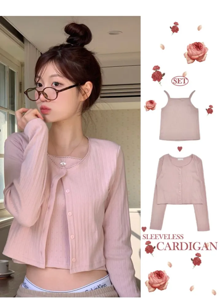 [Set가디건+나시/벚꽃룩/플라워펀칭]로젤린 플라워 펀칭 레이스 슬리브리스 나시 가디건 세트 3color 상세 이미지 16