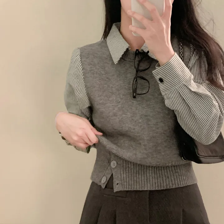 [단독/일체형!/✨주문폭주✨]올인원 쓰리버튼 레이어드 일체형 스트라이프 셔츠+니트조끼 상세 이미지 33