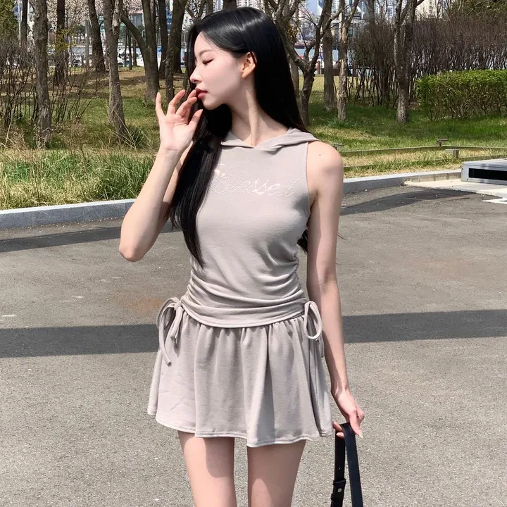 [유니크🖤] 미니 후드 세트 / 후드티 반팔티 투피스 치마바지 플레어 플리츠 레이어드 스커트 민소매 오프숄더 여름반팔 셔링 크롭티 크롭반팔 미니스커트 캉캉치마 캉캉스커트 블랙 상세 이미지 43