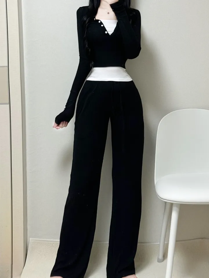 [*1200세트돌파/번따룩*] 반팔 긴팔 기모 버전추가 쫀쫀 스판 딱붙 잔골지 레이어드 또또 단추 크롭 레이어드 배색 긴팔티+하이웨스트 슬림 와이드팬츠 세트 꾸안꾸 데일리 허리잘록 상세 이미지 15