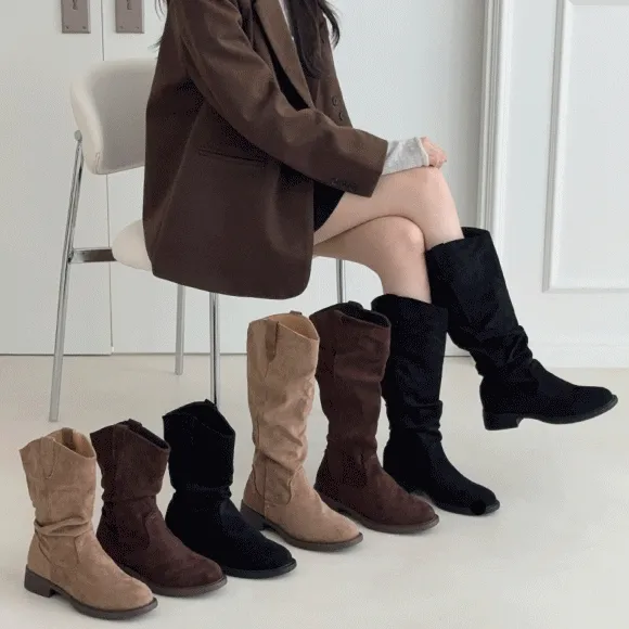 [🤍하비추천/블랙추가/미들,롱🤍] 오엔드 라운드 스웨이드 브이컷 셔링 웨스턴 플랫 미들&롱부츠(3.5cm)-2583&2584