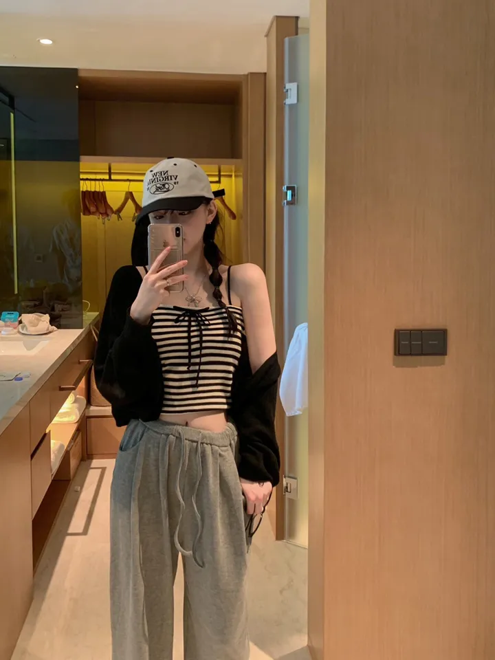 [너무예뻐🐾가디건SET] 자체제작 벌룬 골지 볼레로 니트 가디건 + 단가라 슬림 리본 나시 세트 투피스 세트웨어 SET 스트라이프 탑 사계절 블랙 봄 간절기 새학기룩 1COL 상세 이미지 34