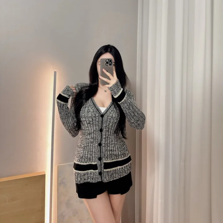 오블리크 배색 니트롱가디건 브이넥가디건 간절기가디건 골지니트가디건 보카시 배색가디건 봄신상 상세 이미지 8