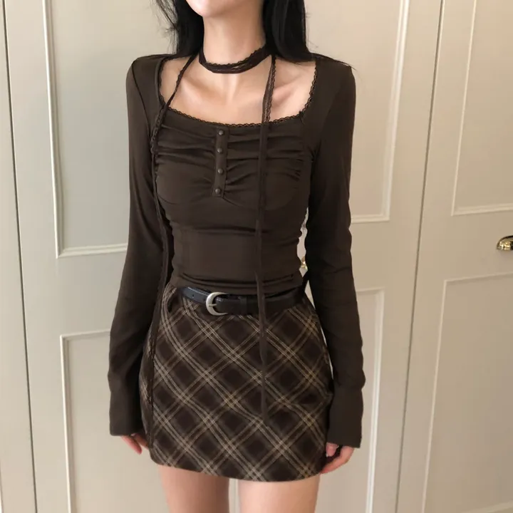 [저렴이X초커세트!핏보장🤎]셔링 스퀘어넥 콩단추 스판 긴팔티셔츠 4color 상세 이미지 9