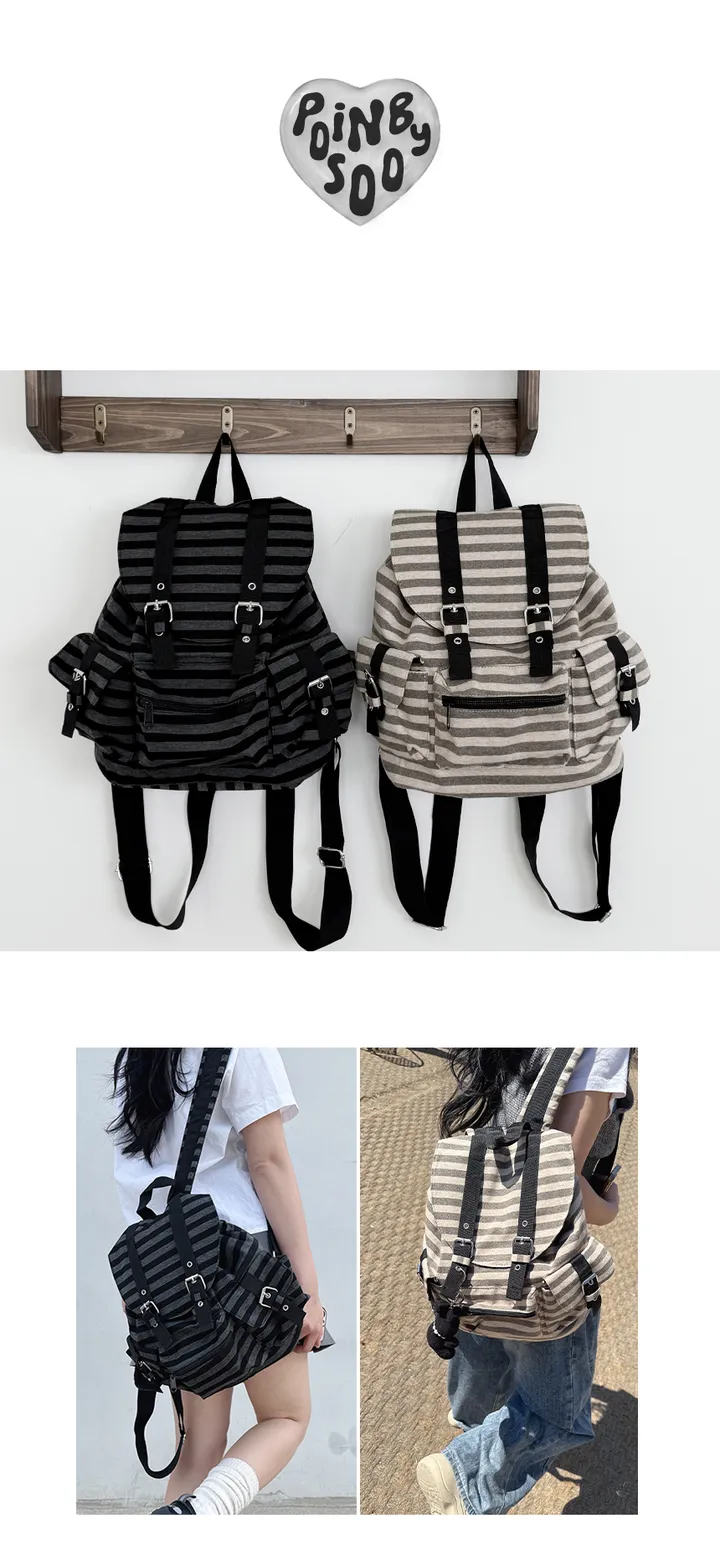 [주문폭주/7일특가💕] 키치 스트라이프 코튼 복조리 포켓 보부상 빅사이즈 백팩 아이패드수납 여행 가방 상세 이미지 2