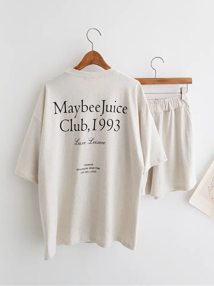 [세트가격!] Maybee 레터링 프린트 오버핏티셔츠 반팔 티셔츠 밴딩 반바지 홈웨어세트 여름파자마 트레이닝복 츄리닝세트 주말룩 여름휴가 바캉스룩 이지웨어세트 상세 이미지 4