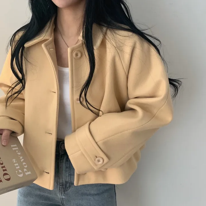 봄가을 크롭재킷 오버핏 아이보리 블랙 싱글버튼 숏코트 상세 이미지 20