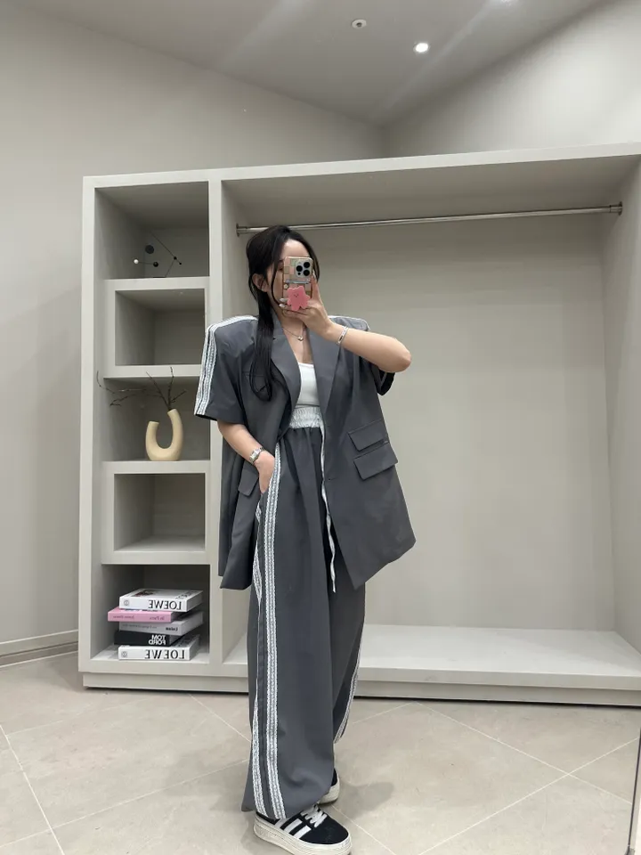 (프리미엄,핏보장,빅사이즈가능)트렌디한 자수레이스 배색 자켓팬츠세트 상세 이미지 17