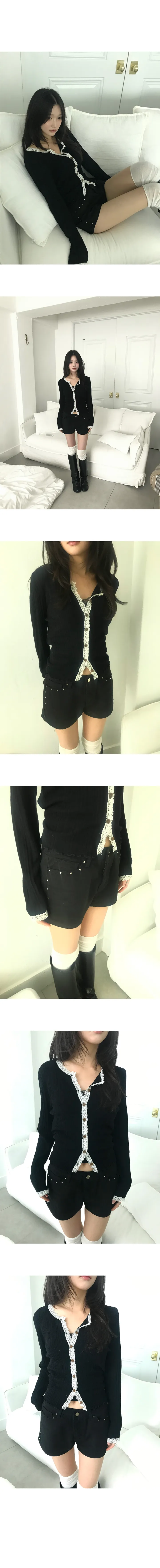 [레이스포인트/여리핏!] 일레 슬림 골지 레이스 배색 버튼 u넥 가디건 상세 이미지 7