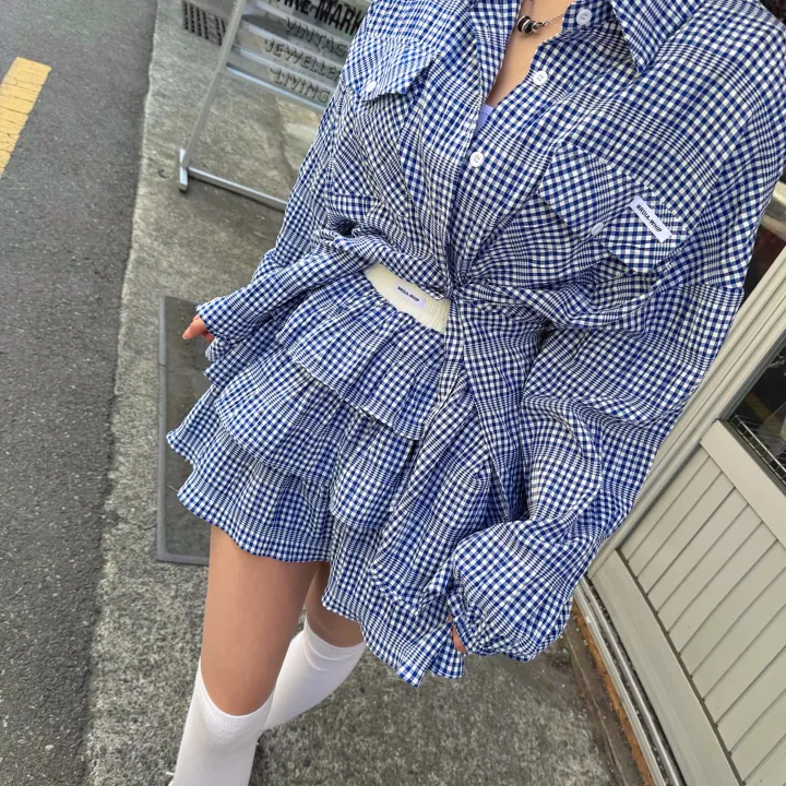 [패드내장/세트가/~여름까지쭉 ] 루즈핏 지지미 트임 언발 체크 미니 패치 셔츠 + 하이 배색 패치 플리츠 캉캉 치마 바지 투피스 셋업 2COLOR 상세 이미지 15