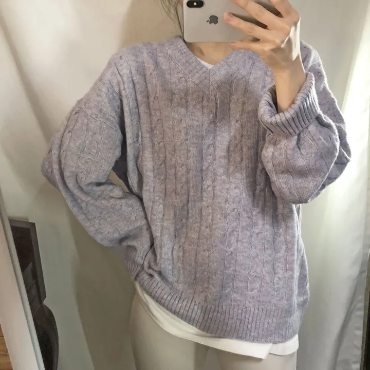 [컬러믹스,봄] 루즈핏 꽈배기 니트 / 봄가을, 매일입는 스프링 케이블 울니트 / 보카시 브이넥 오버핏 긴팔티 상세 이미지 31