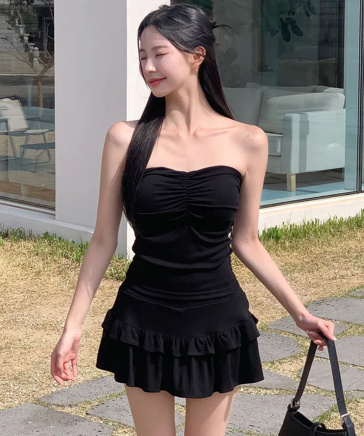 [섹시유니크🖤] 글램 투피스 / 캡내장 캡나시 뷔스티에 셔링 크롭탑 셔링탑 튜브탑 탱크탑 브라탑 볼륨업 데님탑 캉캉치마 치마바지 여름원피스 여행 bj 레이어드스커트 숏팬츠 스판 상세 이미지 33