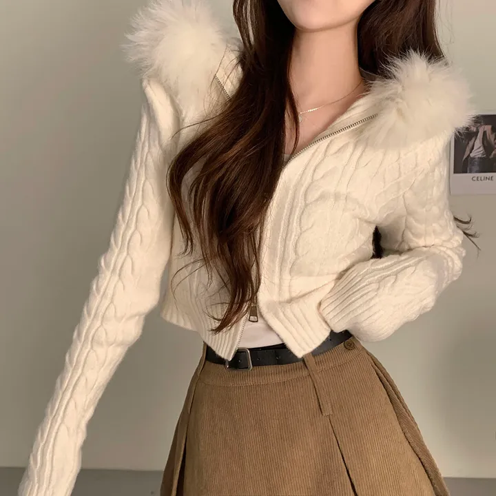 *비율최강핏set/뽀용템💓* 도톰 꽈배기 케이블 니트 퍼후드 투지퍼집업 상세 이미지 8