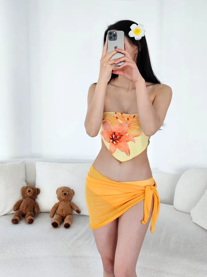 🌸반다나 플라워 튜브탑 탱크탑 섹시 비키니 휴양지 옐로우 비키니 쓰리피스 3pcs 수영복 상세 이미지 5