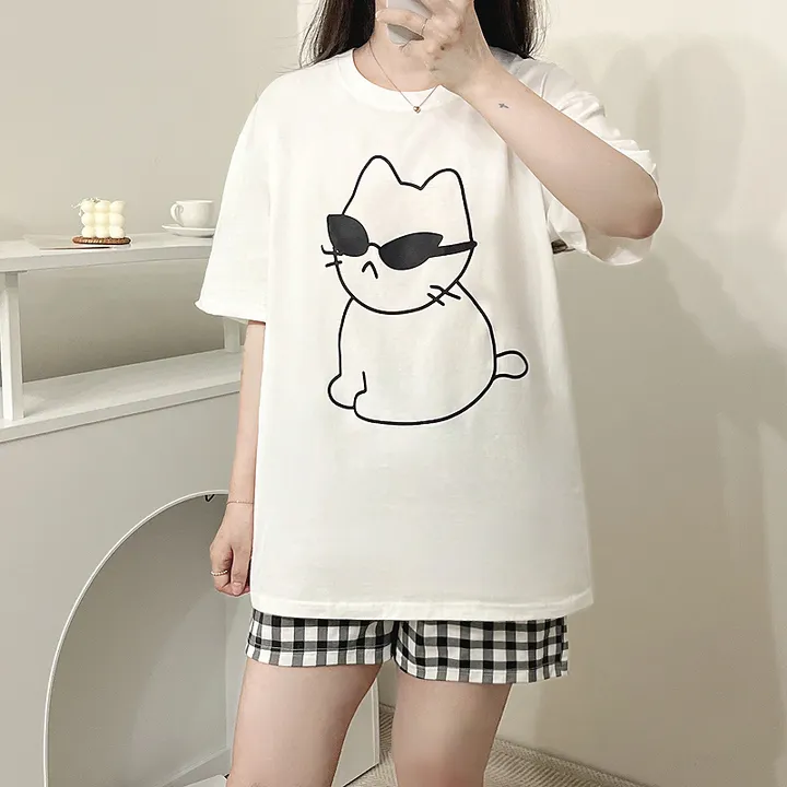 🖤[당일출고/남녀공용]🖤 고양이 캣 잠옷 파자마 상하세트 체크바지 빅사이즈 박시핏 루즈핏 오버핏 박시티 반팔 티 티셔츠 여름 면티 커플티 커플룩 커플티셔츠 커플잠옷 순면 상세 이미지 7
