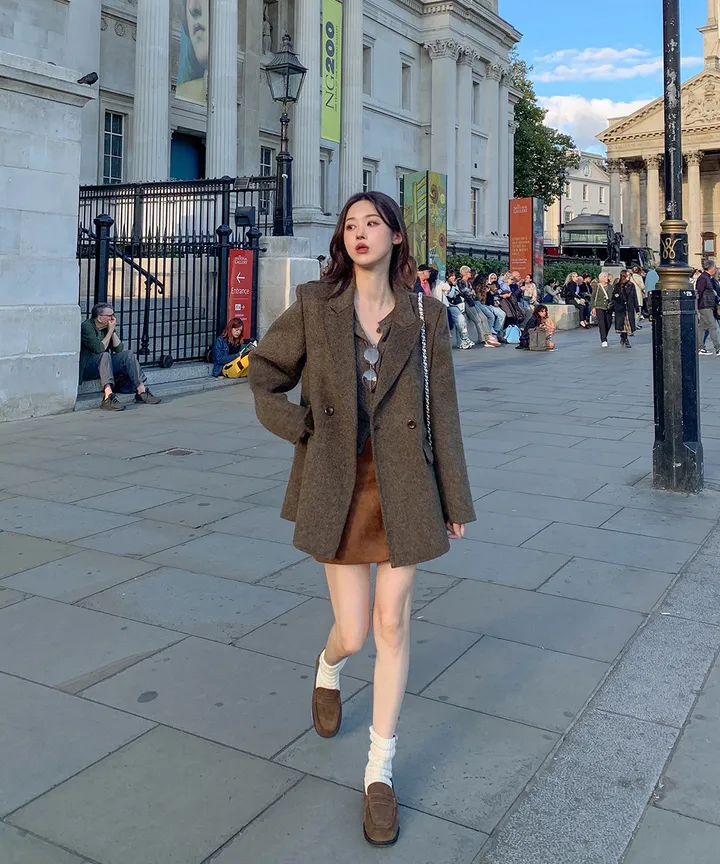 [wool70%🤎클래식무드] 모직 헤링본 핸드메이드 하프코트 자켓 반코트 아우터 절개 트임 코트 고퀄리티 루즈핏 봄 간절기 데이트룩 개강룩 4COL 상세 이미지 13