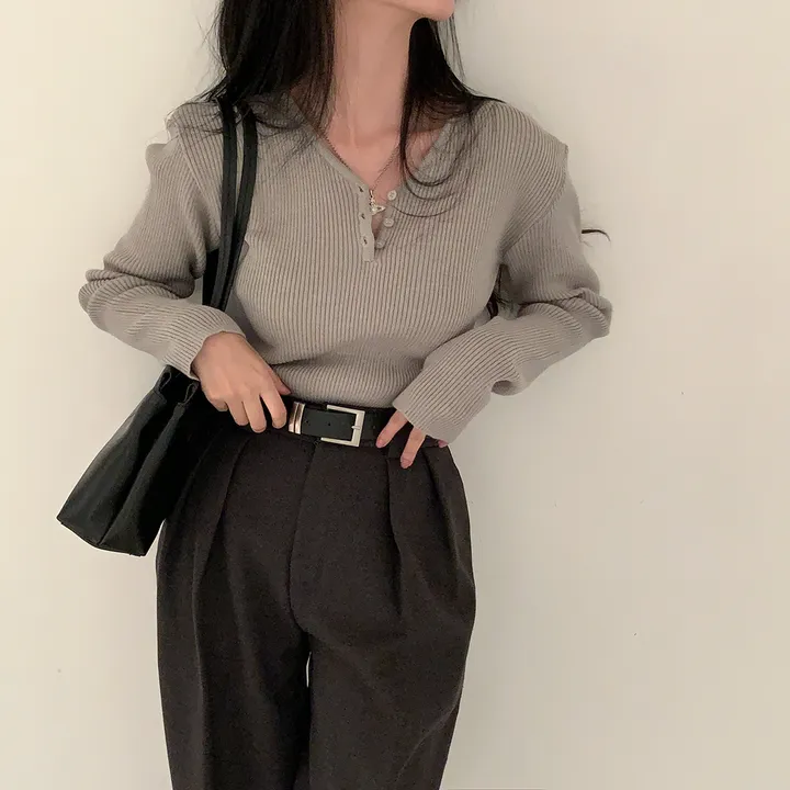 [4계절필수 디자인/연그레이 당일출고✨] 자체제작 #크치Made 젤리 버튼 트임 브이넥 골지 겨울 니트 긴팔티셔츠 - nt 상세 이미지 169