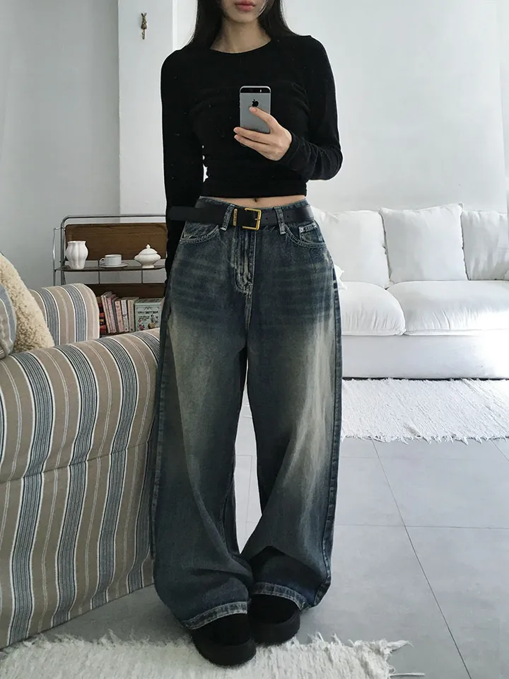 [숏,기본,롱/~XL/핏보장💙*밑단스냅단추 투웨이* 워싱 와이드데님] 헤이브밑단스냅와이드데님 상세 이미지 5
