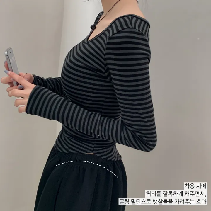 허리쏙라인 [힙섹시🖤] 쇄골 여리 힙 스트라이프 굴림 단가라 긴소매 긴팔티 슬림핏 잘록 상세 이미지 6