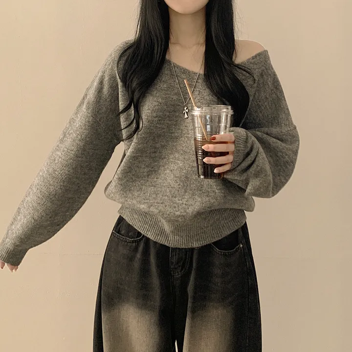 [청순힙✨폭닥] 흐르는 여리핏, 보트 브이넥 오버핏 원오프숄더 아방핏 긴팔니트 빅사이즈 상세 이미지 21