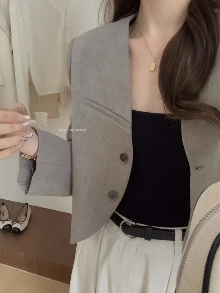 🚀당일출발🚀[자체생산/5컬러/고퀄!컬러예쁨!강추]가을자켓 간절기 봄자켓 노카라 크롭자켓 숏 블랙,베이지,그레이 가을아우터 가을옷 봄옷 봄아우터 출근룩 오피스룩 하객룩 올드머니룩 상세 이미지 18