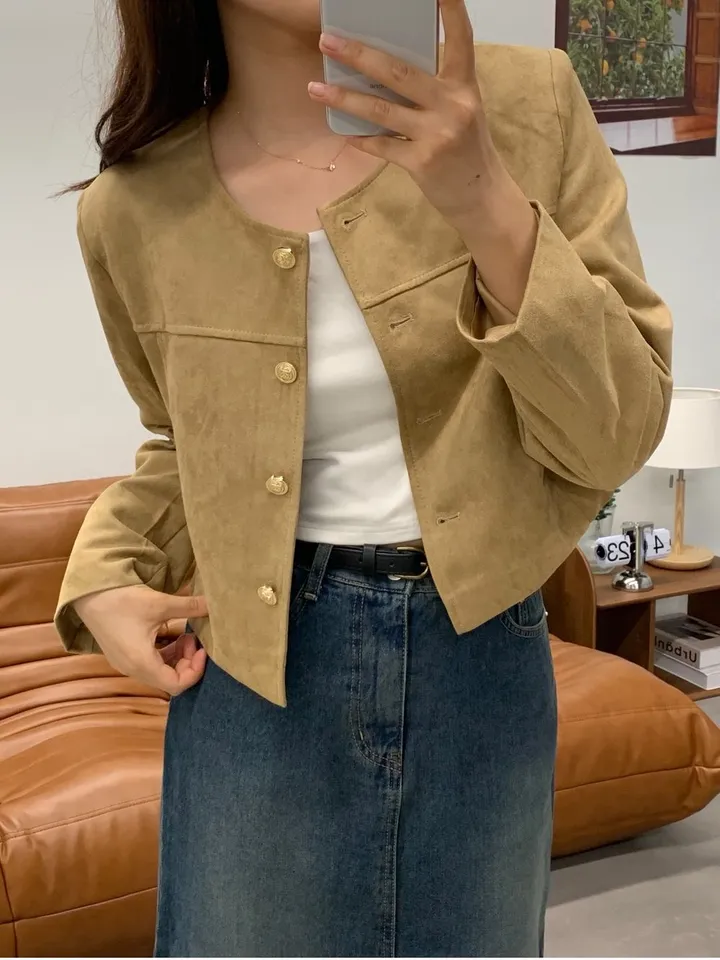 [주문폭주🐱‍🏍3color/가을신상🍂] 노이드 노카라 금장로고 스웨이드 자켓 올드머니룩 페미닌룩 어깨패드 상세 이미지 20