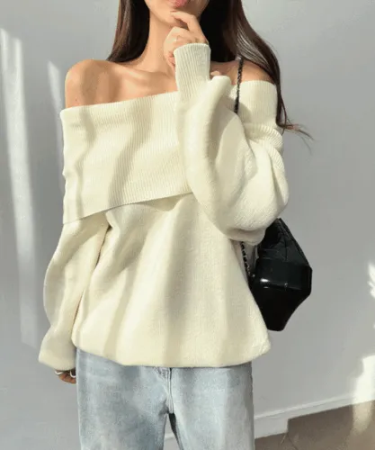 (당일출고) 빅 오프숄더 오버핏 박스 롱 니트 티셔츠 4color